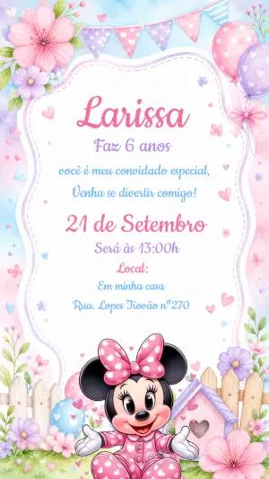 Convite Aniversário Minnie Rosa Pijama Aquarela Editável