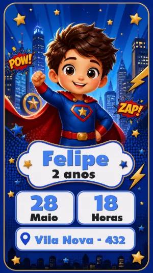 Convite de Aniversário Super-Herói Menino Modelo Editável