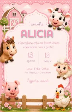 Convite de Aniversário Fazendinha Rosa Editável para Menina