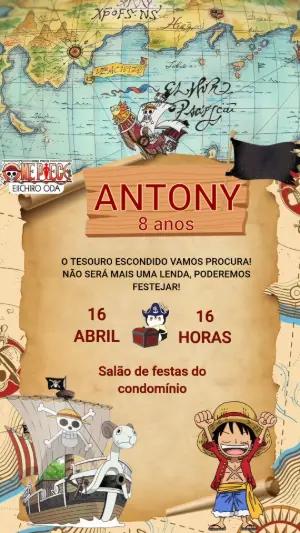 Convite Animado One Piece Aniversário Infantil para Editar