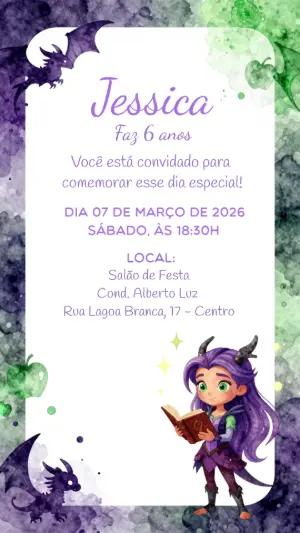 Convite de Aniversário Fantasia com Dragões Roxo para Editar