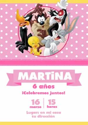 Invitación de Cumpleaños Baby Looney Tunes Rosa para Editar