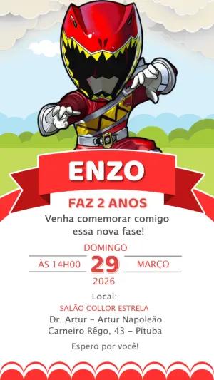 Convite de Aniversário Power Rangers Vermelho Modelo Editável
