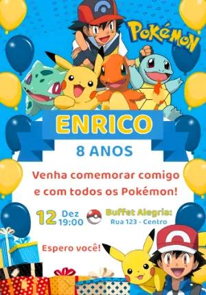 Convite de Aniversário Pokémon com Ash e Amigos para Editar