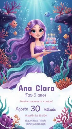 Convite de Aniversário Sereia Fundo do Mar para Editar