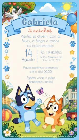Convite de Aniversário Bluey e Bingo Editável Digital