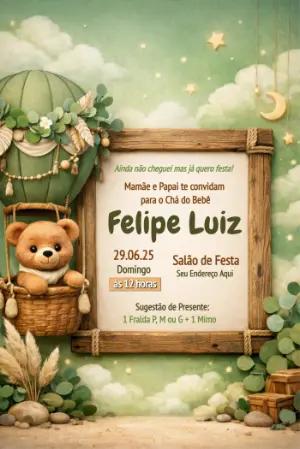 Convite Chá de Bebê Ursinho no Balão Verde Modelo Editável