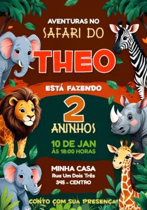 Convite de Aniversário Safari Animais Fofos para Editar