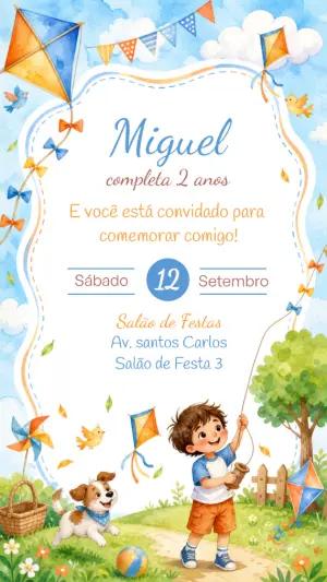Convite de Aniversário Pipa Menino em Aquarela para Editar