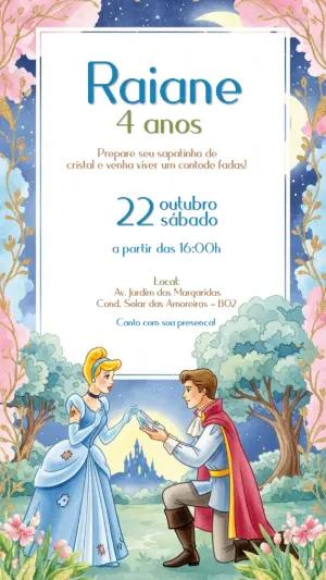 Convite Aniversário Cinderela com Príncipe para Editar Online