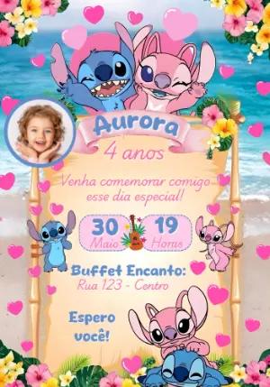 Convite de Aniversário Stitch e Angel Tropical com Foto Editável