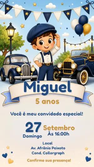 Convite Aniversário Carros Antigos Editável para Menino