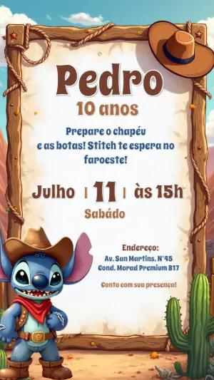 Convite Aniversário Stitch Cowboy para Editar Online
