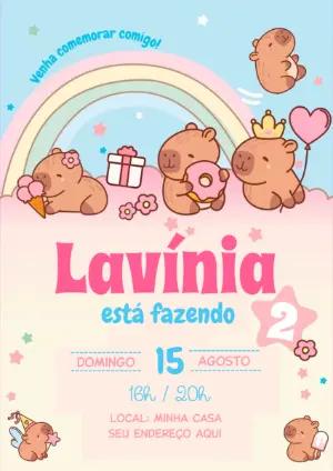 Convite de Aniversário Capivara Fofa com Arco-Íris para Editar