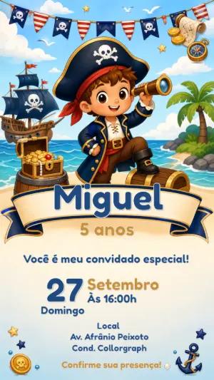 Convite de Aniversário Pirata Editável para Menino