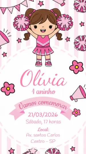 Convite de Aniversário Líder de Torcida Rosa para Editar