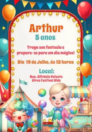 Convite Aniversário Circo com Personagens para Editar Online