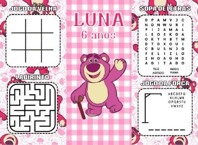 Lembrancinha de Aniversário Lotso Rosa Joguinhos Editável