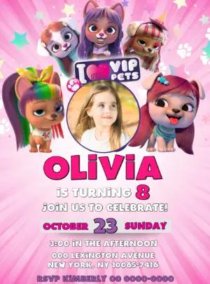 Editable Vip Pets Birthday Invitation for Girls | Pink Puppy Theme