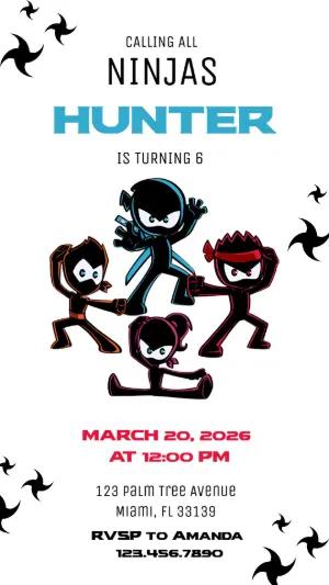 Ninja Action Birthday Invitation | Editable Cartoon Template