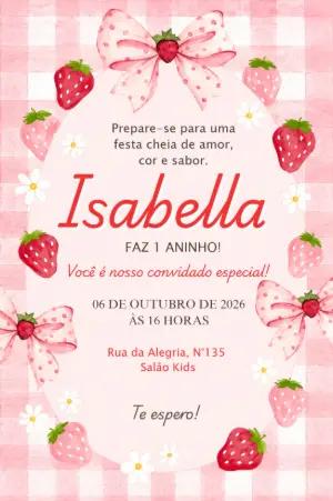 Convite de Aniversário Tema Morango Aquarela para Editar