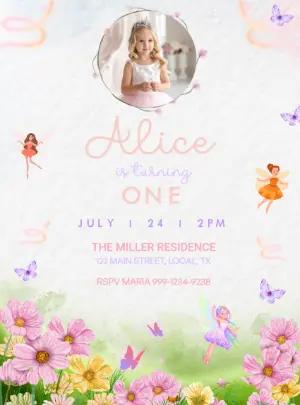 Editable Fairy Garden 1st Birthday Invitation with Photo