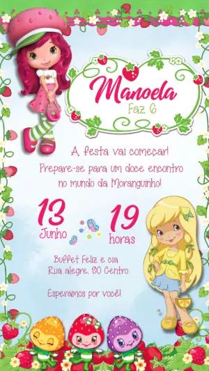 Convite de Aniversário Moranguinho Rosa e Verde para Editar