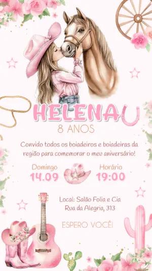 Convite Aniversário Boiadeira Rosa para Editar Online