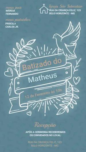Convite de Batizado Moderno com Pomba e Ramos para Editar