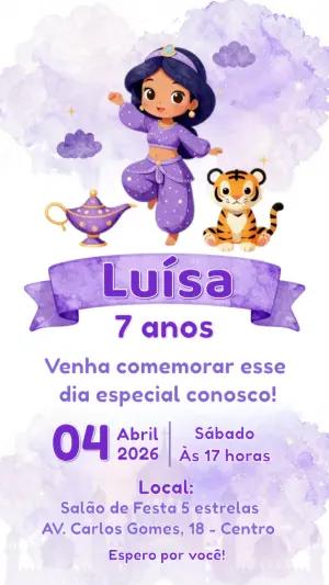 Convite de Aniversário Princesa Árabe Lilás Editável