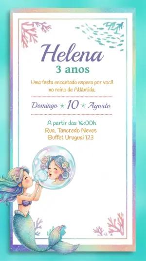 Convite de Aniversário Sereia para Editar e Enviar Online