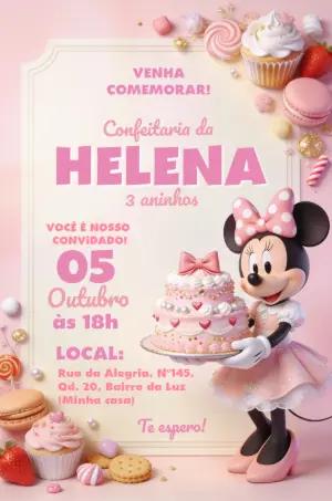 Convite Editável Aniversário Minnie Confeitaria Rosa