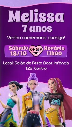 Convite de Aniversário Guerreiras do Kpop para Editar
