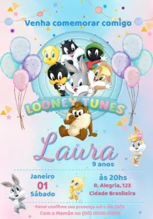 Convite de Aniversário Looney Tunes Baby Colorido para Editar