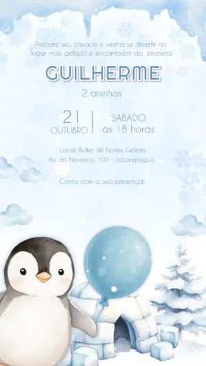 Convite de Aniversário Pinguim no Gelo Editável