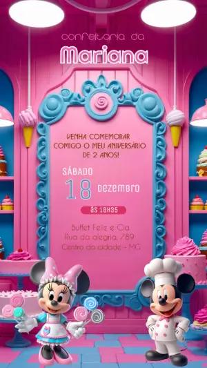 Convite de Aniversário Confeitaria da Minnie e Mickey Editável