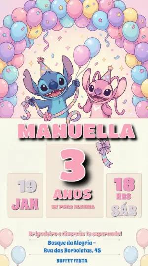 Convite de Aniversário Stitch e Angel em Cores Pastéis Editável