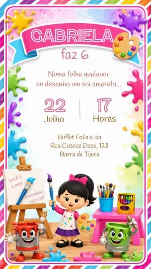 Convite Aniversário Pintora Menina Modelo Editável