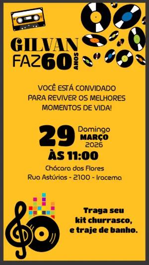 Convite de Aniversário Retrô Anos 60 70 80 Editável