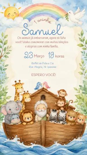 Convite de Aniversário Arca de Noé Aquarela para Editar