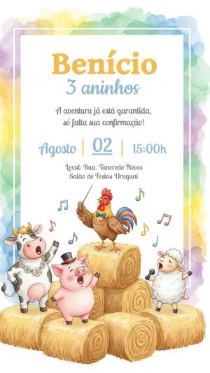 Convite Aniversário Fazendinha com Bichinhos para Editar Online