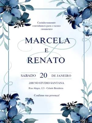 Convite de Casamento Floral Azul para Editar Online