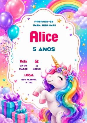 Convite de Aniversário Unicórnio Arco-Íris para Editar