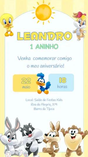 Convite de Aniversário Baby Looney Tunes Fofo para Editar