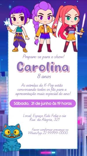 Convite de Aniversário Guerreiras K-Pop Meninas Estrelas Pop Editável