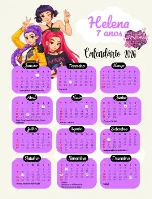 Calendário 2026 Editável Guerreiras do K-pop para Aniversário
