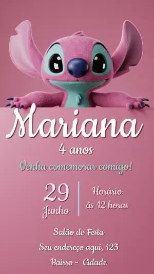 Convite de Aniversário Stitch Rosa para Editar Online