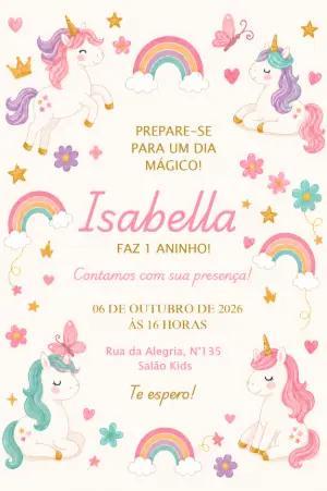 Convite de Aniversário Unicórnio Aquarela para Editar Online
