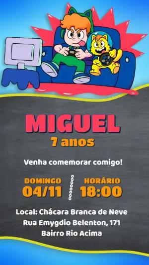 Convite Aniversário Gato Galáctico Gamer para Editar Online