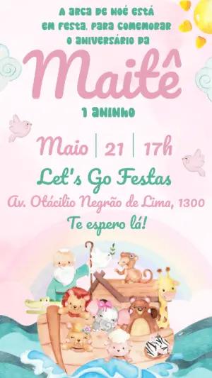 Convite Arca de Noé Rosa para Aniversário Infantil Editável